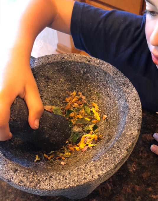 A young boy grinds flowers with a mortar and pestle. Next-Level Self-Care.