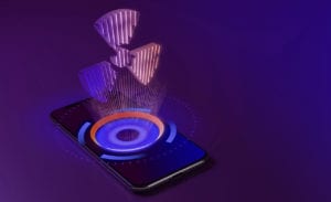 3D-rendering-of-a-smartphone-with-display-emitting-neon-violet-pink-blue-holographic-symbol-of-radiation-sign-icon-on-dark-background