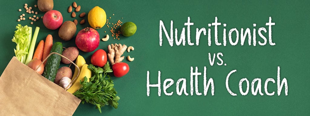 Brown paper bag of fruit and vegetables, spilled on green background with words "Nutritionist versus Health Coach" beside it.
