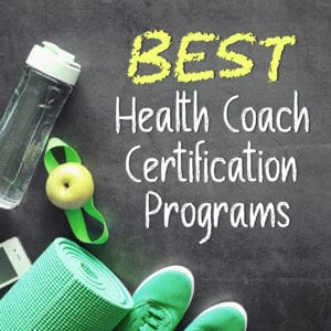 Best health coach certification programs graphic showing a green yoga mat, shoes, an apple, and a water bottle