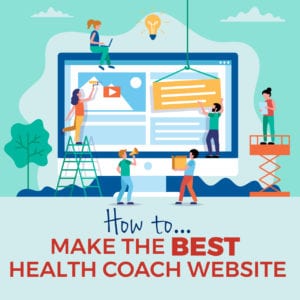 How to make the best health coach website square title illustration depicting people constructing a webpage