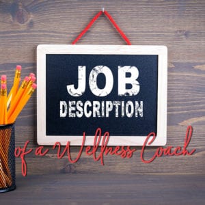 Job description of a wellness coach square title graphic with chalkboard and pencils