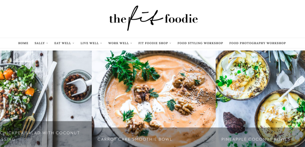 A screenshot of the Fit Foodie fitness blog homepage.