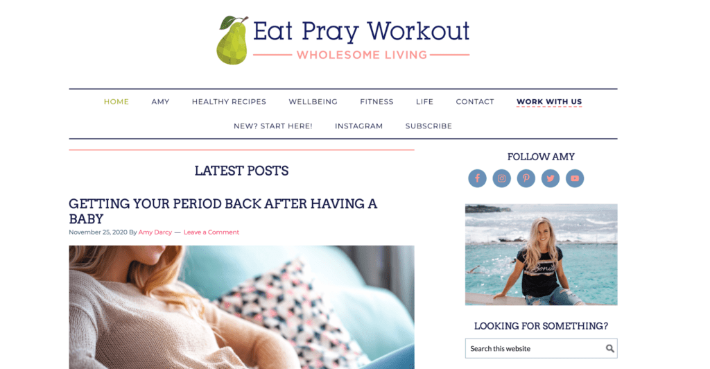 A screenshot of the Eat Pray Workout fitness blog homepage.