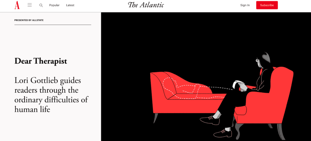 A screenshot of the Dear Therapist mental health blog homepage.