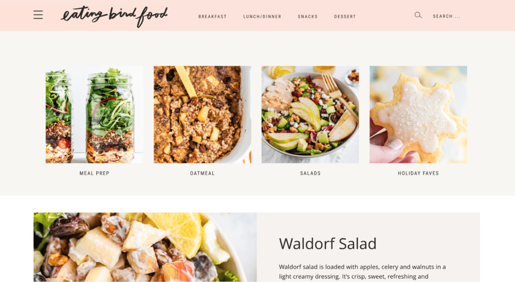A screenshot of the Eating Bird Food nutrition blog homepage.