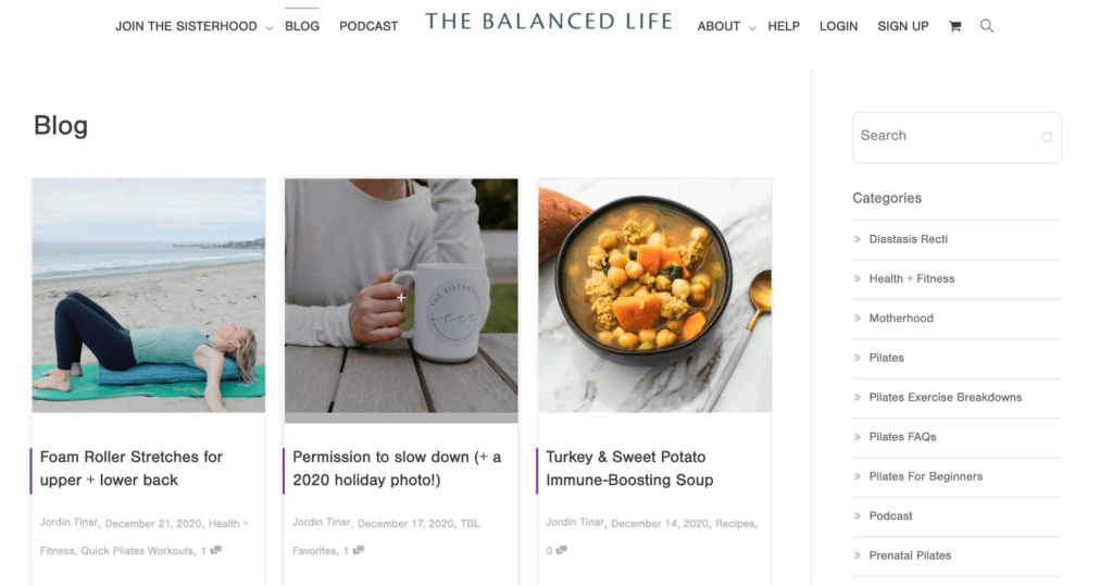 A screenshot of the Balanced Life fitness blog homepage.