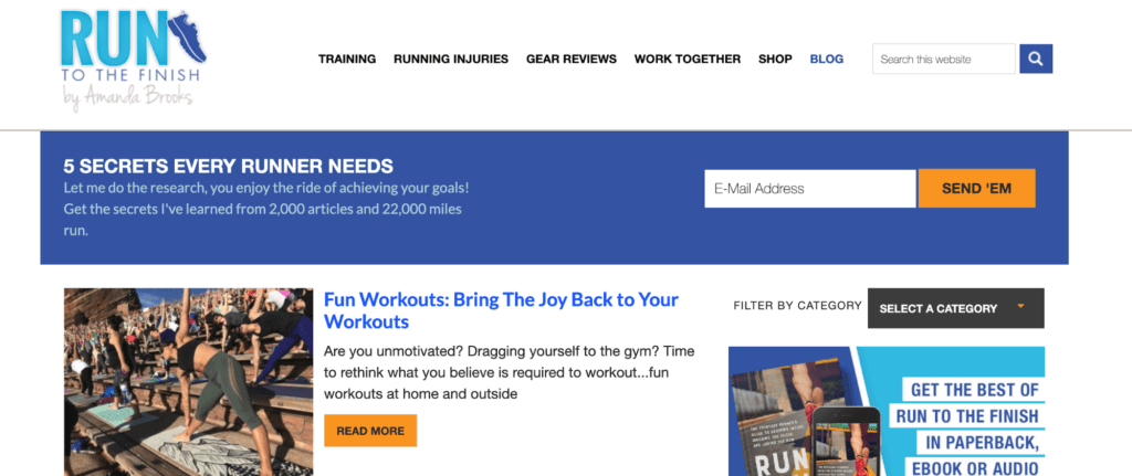 A screenshot of the Run to the Finish fitness blog homepage.