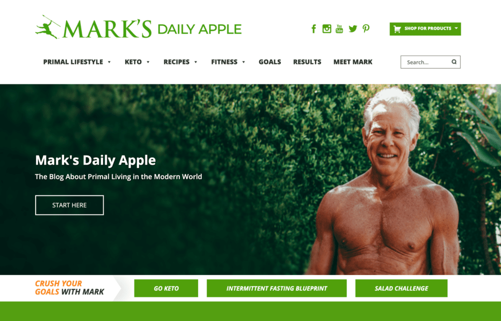 A screenshot of the Mark's Daily Apple nutrition blog homepage.