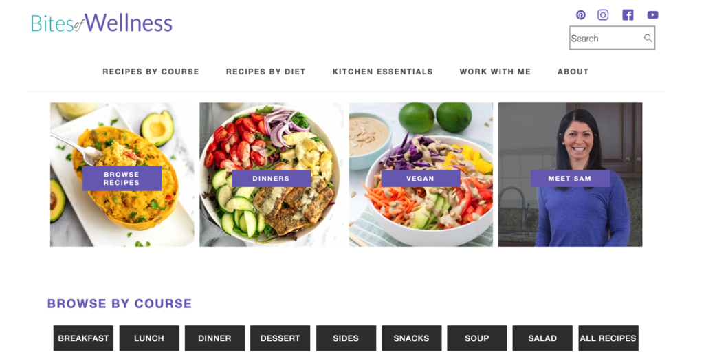 A screenshot of the Bites of Wellness nutrition blog homepage.