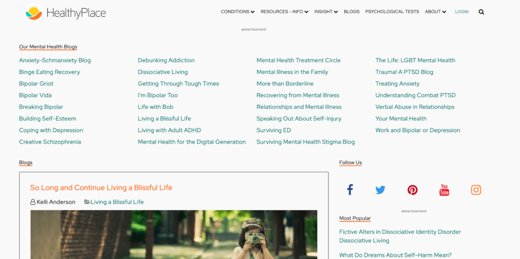 A screenshot of the Healthyplace mental health blog homepage.