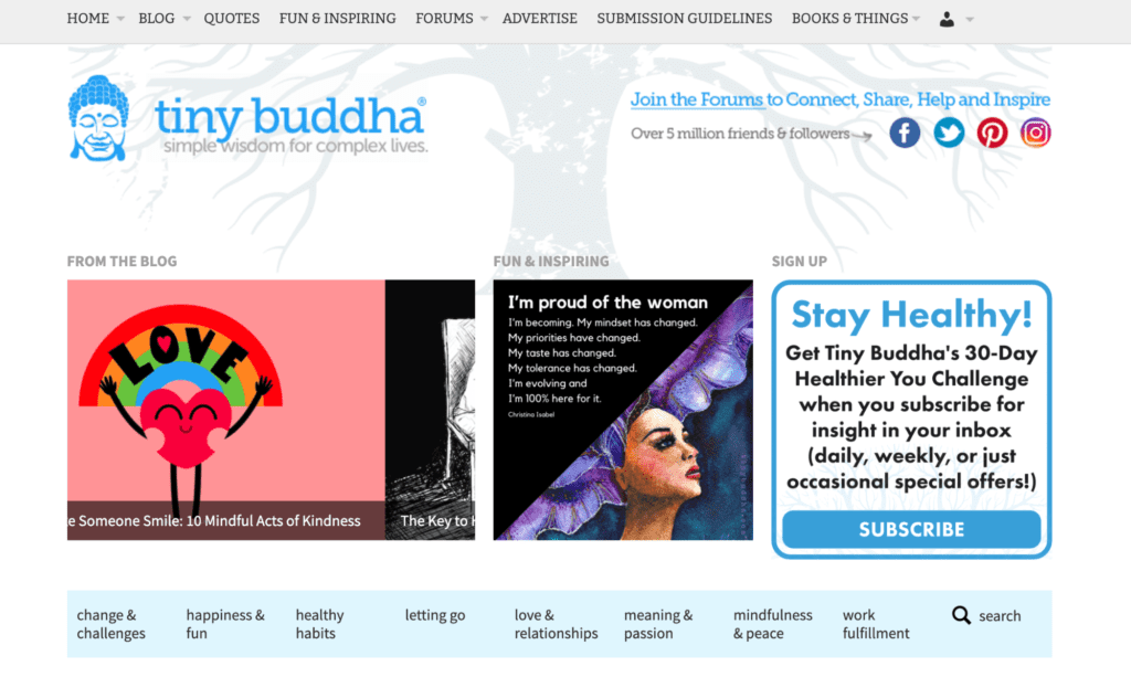 A screenshot of the Tiny Buddha mental health blog homepage.