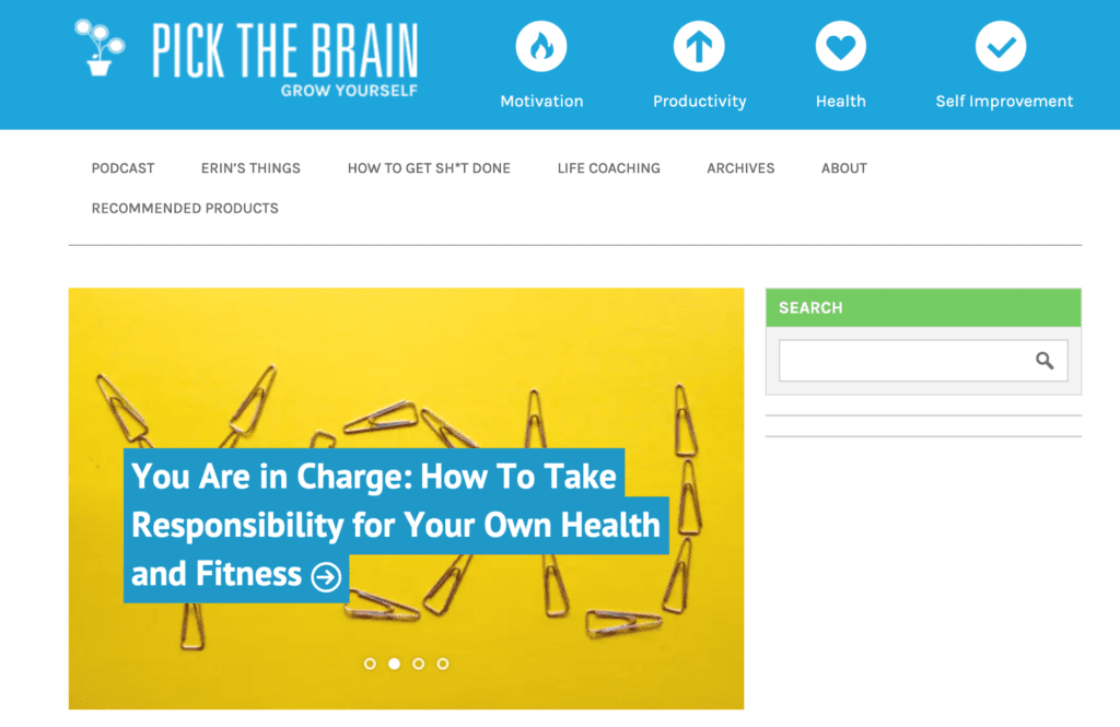 A screenshot of the Pick the Brain mental health blog homepage.