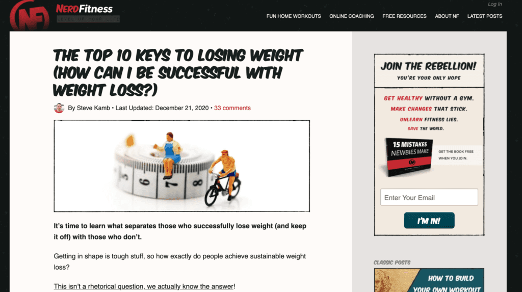A screenshot of the Nerd Fitness fitness blog homepage.