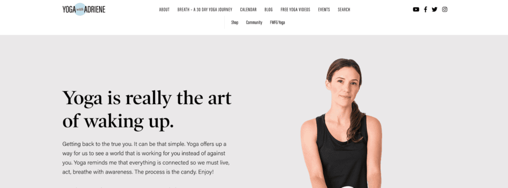 A screenshot of the Yoga with Adriene fitness blog homepage.