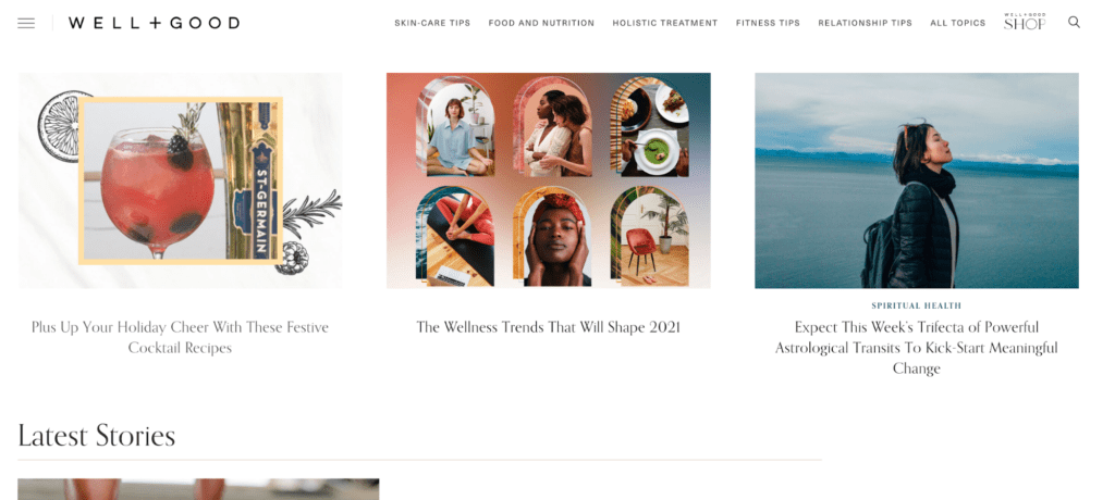 A screenshot of the Well and Good health and wellness blog homepage.