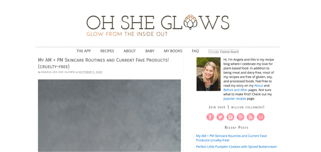 A screenshot of the Oh She Glows nutrition blog homepage.