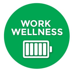 Work wellness is the first stage of burnout depicted in this graphic as a full battery with 5 bars on a green background.