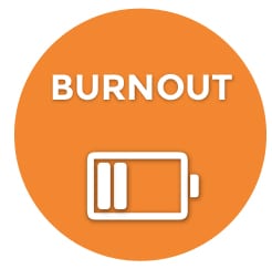 Burnout is the fourth stage of job burnout depicted in this graphic as an almost empty battery with 2 bars on an orange background.