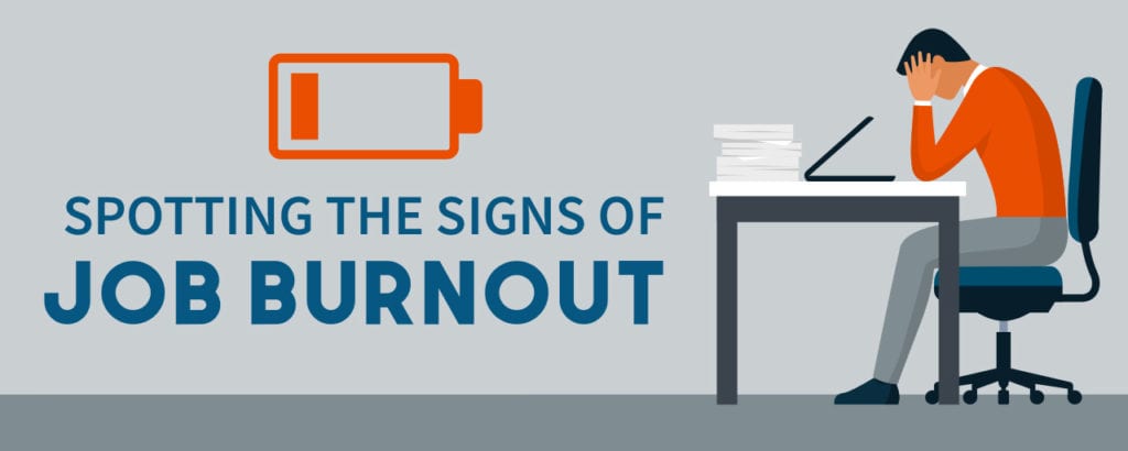 Job burnout title graphic showing a burned out employee sitting at a desk with his head in his hands and an empty battery symbol to depict decreasing energy.