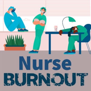 Nurse burnout square graphic showing exhausted and burned out nurses in a break room napping and drinking coffee.